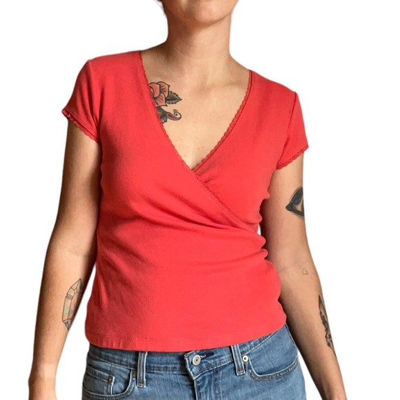 Women's Express Short Cap Sleeve Wrap Look T Shirt Size M Medium Stretchy Orange - Picture 11 of 13